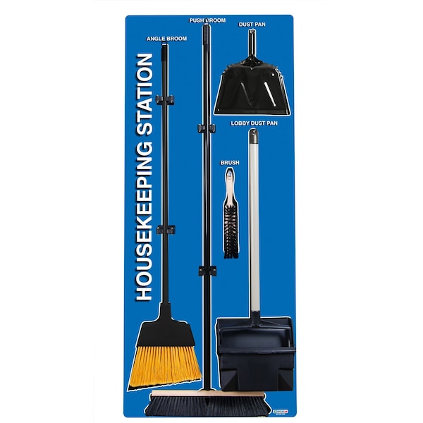 5S Housekeeping Shadow Board Broom Station Version 1 - Blue Board / Black Shadows  With Broom